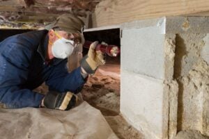 A professional laying on his chest investigates a crawl space with a flashlight
