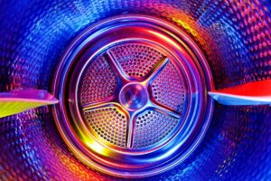 Rainbow-colored photo of the interior drum of a heat pump dryer