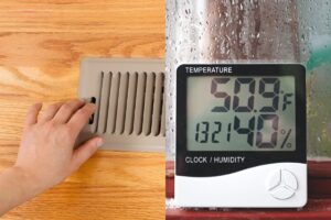 A collage of two images, of equal size. The left side shows a heating vent with a woman's hand feeling the warmth coming from the vent. The right side shows a hygrometer with a misted window behind. The image illustrates the title of the post, "Does a Heater Also Dehumidify?