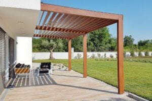 The backyard patio of a passive house