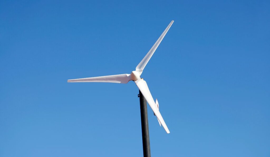 Closeup on the blades and hub of a small wind turbine