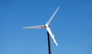 Closeup on the blades and hub of a small wind turbine