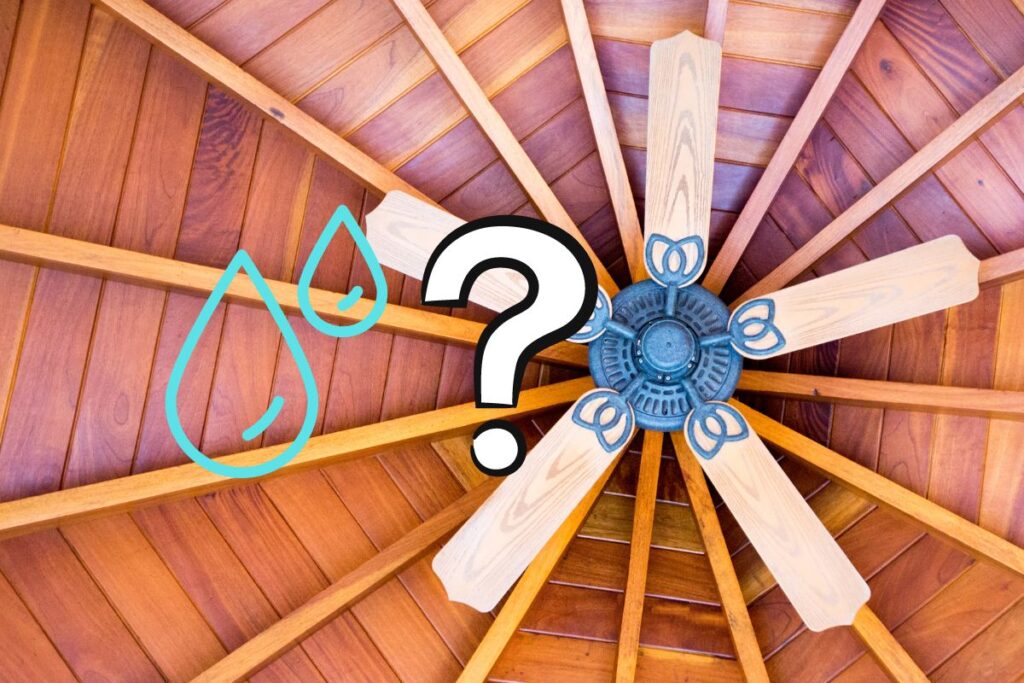 a view of a ceiling fan hanging from the ceiling made of bright wood panels with a question mark in the middle