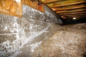 Closeup on the wall and dirt pile in an un-encapsulated crawl space
