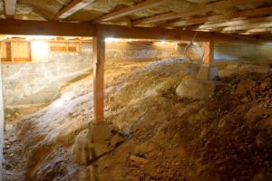 An illuminated crawl space under a home