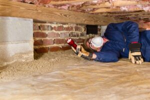 A homeowner laying on his side inspects his crawl space with a flashlight