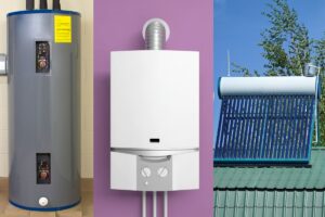 Images of a heat pump, tankless and solar water heater transposed next to each other, from left to right