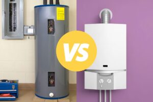 a conventional water heater on the left and a white tankless water heater on the right with a versus sign in the middle