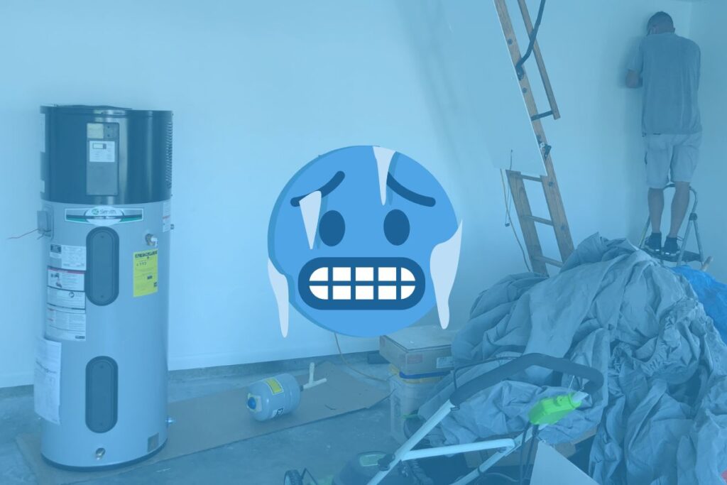 a heat pump water heat on the left with a man installing the piping on the right, with a emoji cold face symbol in the middle