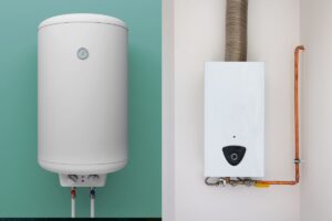A split-screen shot of an electric water heater and gas-powered unit
