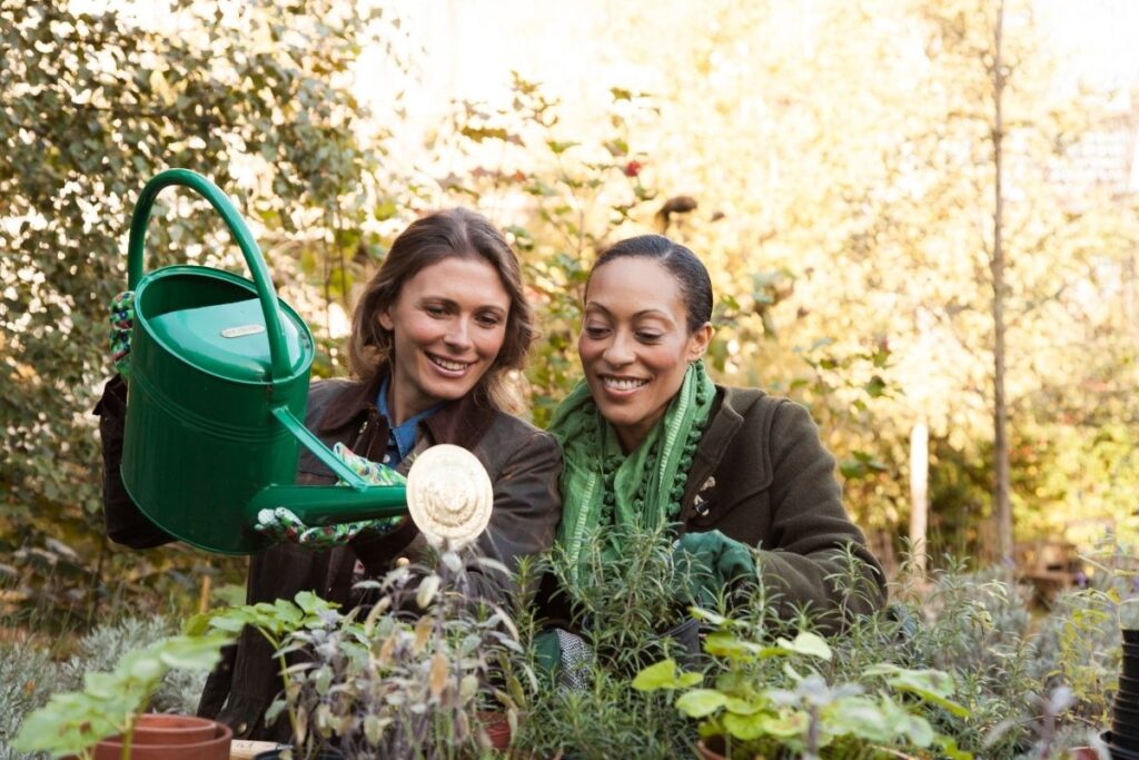 Two women smiling as they pour greywater from a watering can on plants in their garden