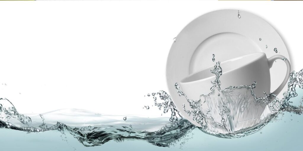A plate and bowl float vertically atop water