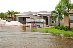 Exterior front-facing view of a Hurricane-Proof Home with standing water in the front yard and street