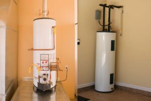 Side-by-side shot of a heat pump and hybrid water heater