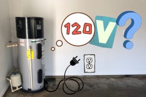 a heat pump hot water heater installed in a garage corner with the words 120V and a picture of a regular outlet in the middle