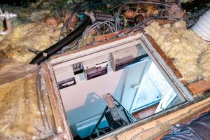 Looking down at a ladder from an attic with fiberglass insulation on the floor through an open attic hatch