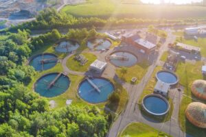 An aerial view of a greywater discharge facility