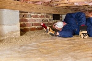 A homeowner on his side with a flashlight pointed at the crawl space ceiling
