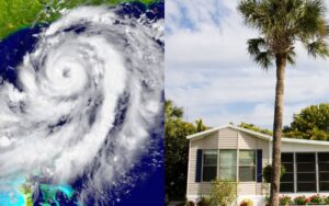 an aerial view of a hurricane on the left and a mobile home with a palm tree in the front yard on the right