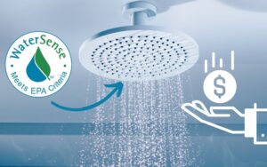 a showerhead with water coming out and the WaterSense logo on the left side pointing to the showerhead