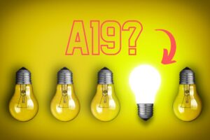 five a19 bulbs with the fourth one turned on and the words A19? pointing to the turned on one