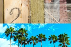 A cross-section of a SIP panel superimposed above a row of palm trees.