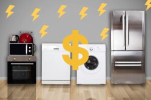 appliances stacked on a light wood floor with a dollar sign in the middle of the graphic