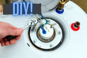 A hand with a wrench installing a heat pump water heater with the text DIY! in blue glowy font.