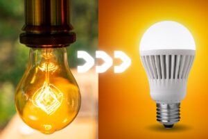 Closeup on an incandescent light bulb at left and an LED light bulb at right