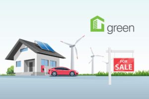 a graphic of a sustainable house with the NAR green designation logo and a for sale sign in the front yard