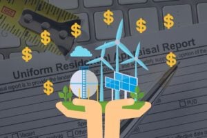 a pair of hands holding up graphics of sustainability and renewable energy features, with a home appraisal form shown behind it