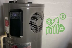 a closeup of the heat pump water heater unit on top of the hybrid water heater tank with a green graphic indicating efficiency and money savings