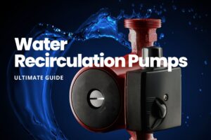 a closeup of a water recirculation pump with a black background and water running to and from both ends of it