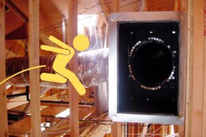 a graphic of a stick figured jumping into the frame from the left side with jumper ducts behind it in a wood framed open home