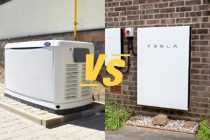 a solar home battery (tesla powerwall) on the right and a home gas generator sitting outside on the left with a vs. sign in the middle