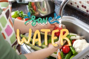 a pair of hands washing vegetables with the water on and the words Save Water in the middle