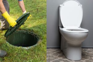 Split-screen image of a worker opening the lid of a septic tank at left and a low-flow toilet in a bathroom at right.