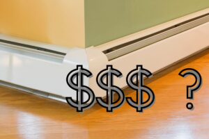 Two baseboard heater components at the intersection of two walls with the text, "$$$ ?" superimposed above the image