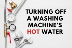An image of various washing machine gauges, hoses and valves with the text "Can you turn off a washing machine's hot water" to the right