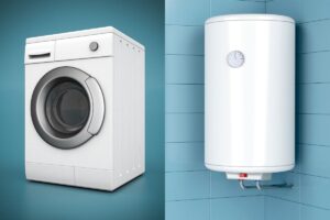 Split-screen image of a washing machine at left and a tankless water heater at right