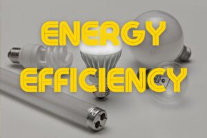Various types of light bulbs surround an LED bulb with the text" energy efficiency" transposed above the image