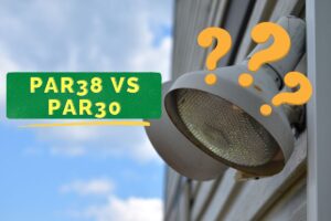 the words PAR38 vs PAR30 on the left with a PAR38 light fixture on the right attached to the siding of a house