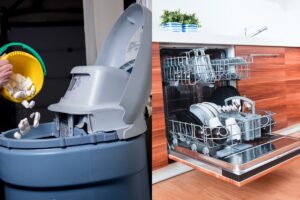 Side-by-side shot of a water softener at left and a dishwasher at right