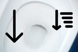 Closeup on a toilet blowl with arrows pointing down, indicating a dropping water level.