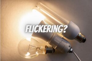 an LED bulb next to an old incandescent and CFL bulb with the word Flickering? in the middle