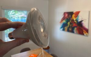 me holding up a white par38 bulb in my kitchen with a colorful abstract painting in the background