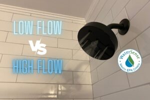 a black Watersense certified Delta shower head installed in a white subway tile shower and the words low flow vs high flow on the left